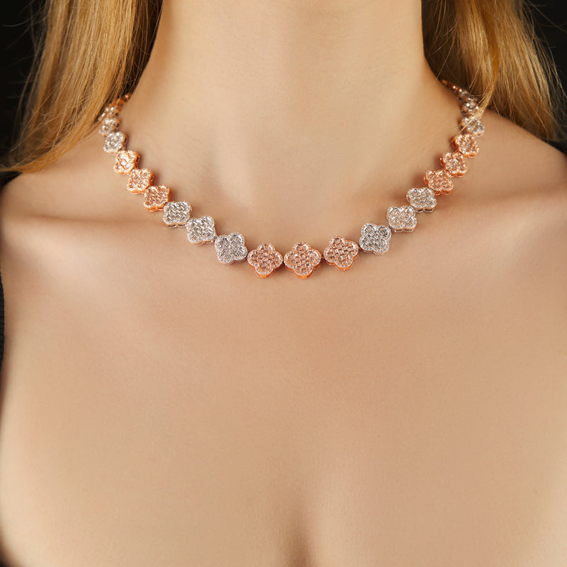 Two-Tone Rose & White Gold Baguette Diamond Full Clover Chain