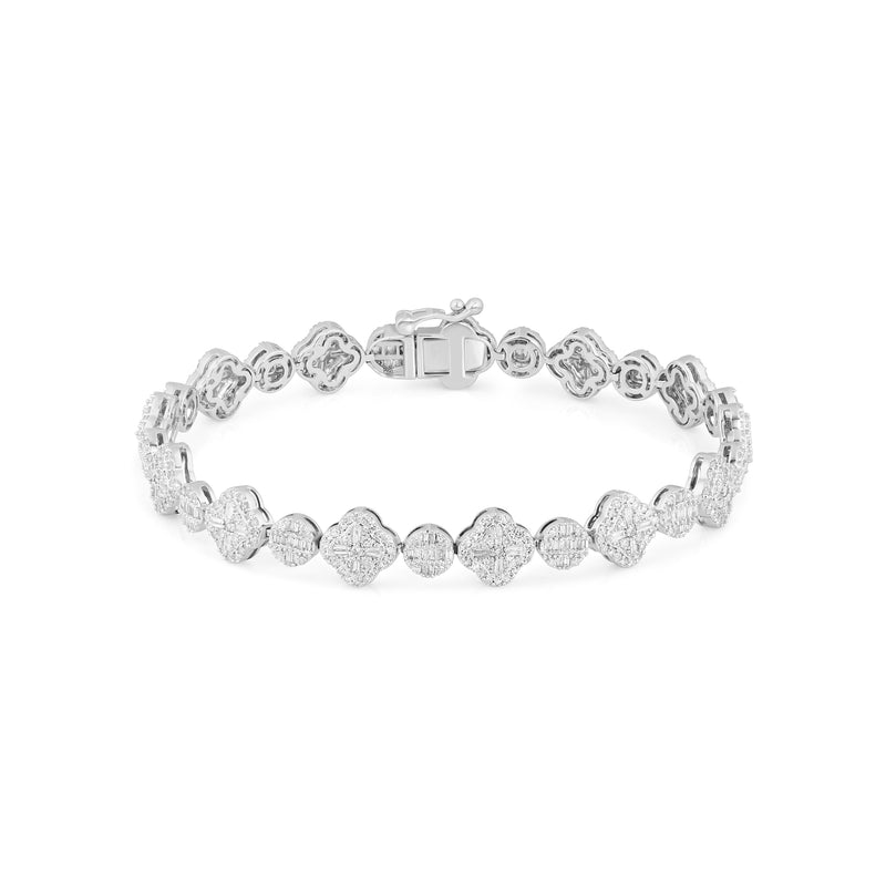 14K White Gold Fancy Link Diamond Clover Bracelet