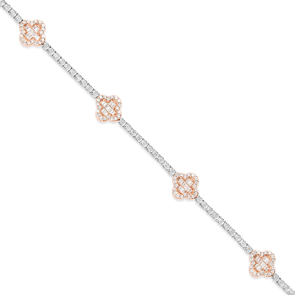 10k Rose Gold Baguette and Round Diamond Clover Tennis Bracelet