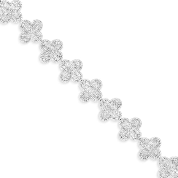 14k White Gold Baguette and Round Diamond Clover Motif Link Bracelet