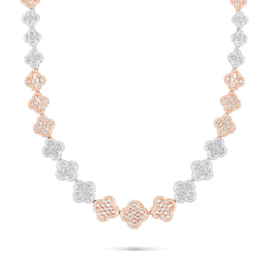 Two-Tone Rose & White Gold Baguette Diamond Full Clover Chain