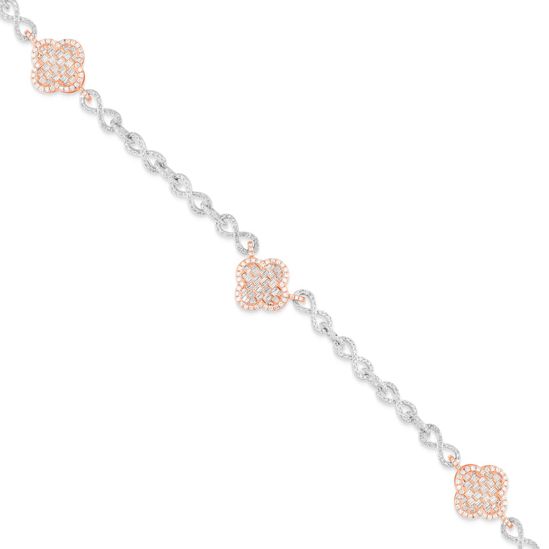 14 k Two-Tone Infinity Link Baguette Diamond Clover Chain, 6.8 carats