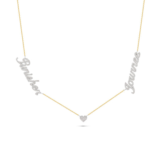 Yellow Gold and Diamond Custom 2-Name Necklace with Diamond Heart