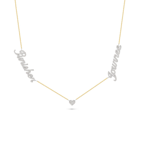 Yellow Gold and Diamond Custom 2-Name Necklace with Diamond Heart