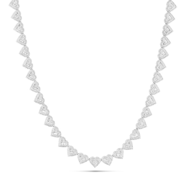 White Gold Baguette and Round Diamond Heart Motif Link Chain