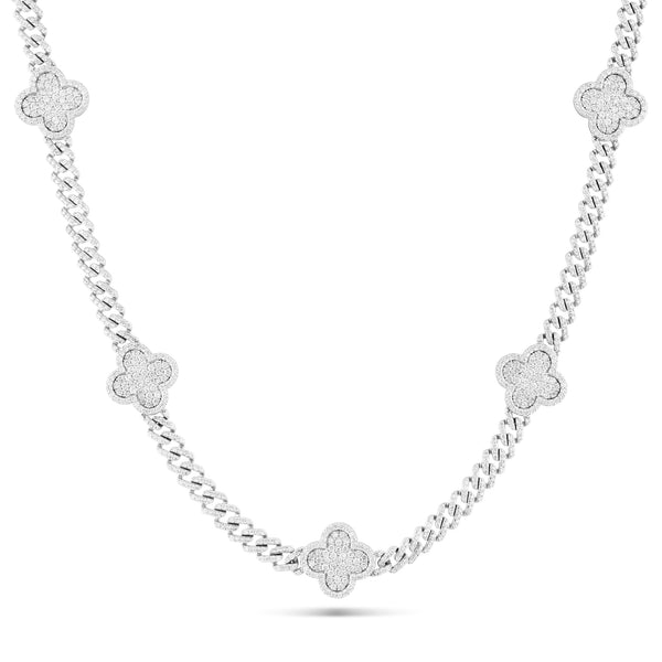 14K White Gold Diamond Clover on Cuban Chain