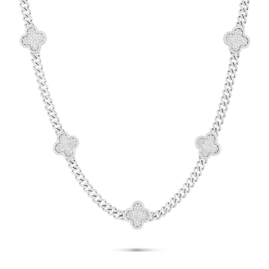 14K White Gold Diamond Clover on Cuban Chain