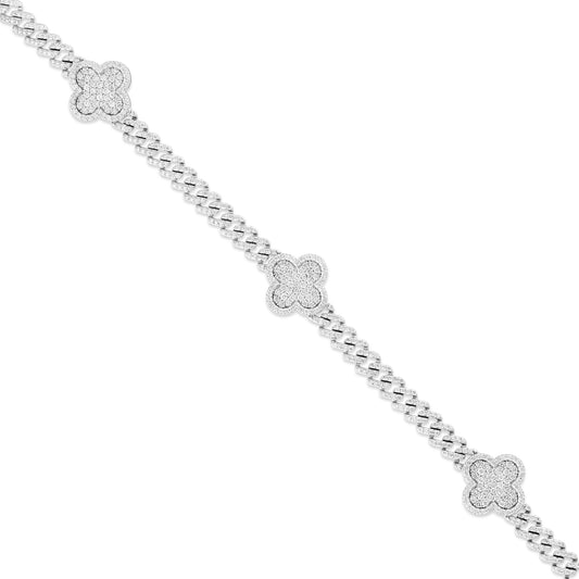 14K White Gold Diamond Clover on Cuban Chain