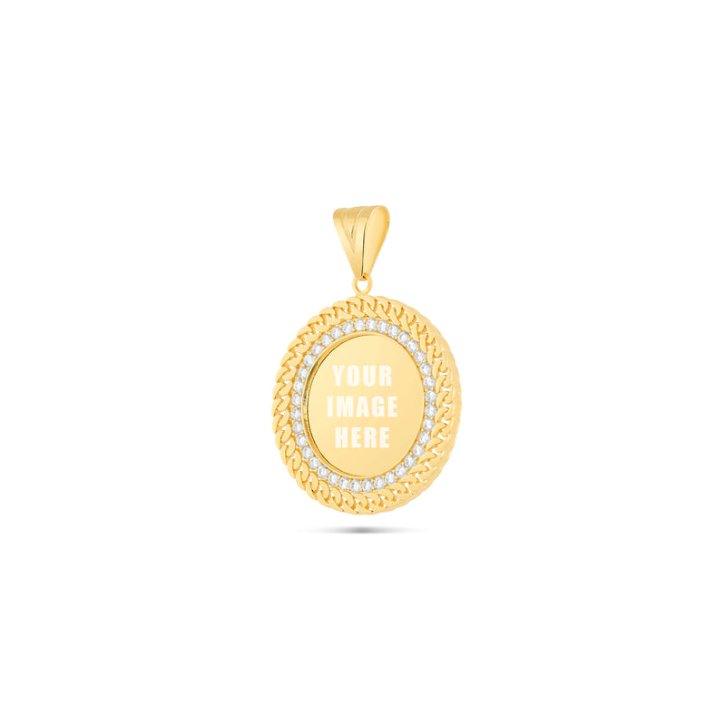 14K Gold Cuban Border Picture Pendant with Cubic Zirconia