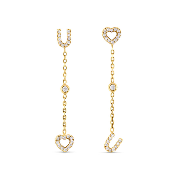 18K Yellow Gold Diamond Drop U and Heart Stud Earrings