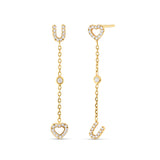 18K Yellow Gold Diamond Drop U and Heart Stud Earrings