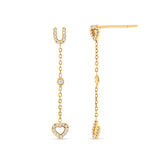 18K Yellow Gold Diamond Drop U and Heart Stud Earrings