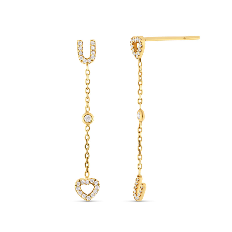 18K Yellow Gold Diamond Drop U and Heart Stud Earrings