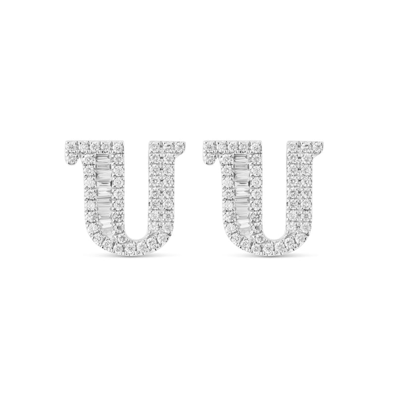 18K White Gold Baguette and Round Diamond Initial "U" Stud Earrings