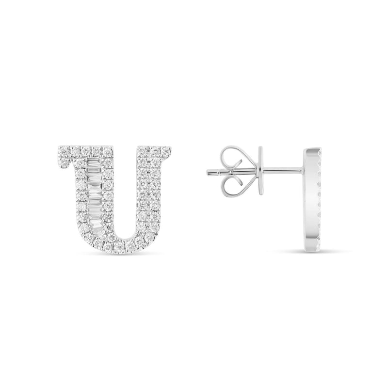 18K White Gold Baguette and Round Diamond Initial "U" Stud Earrings