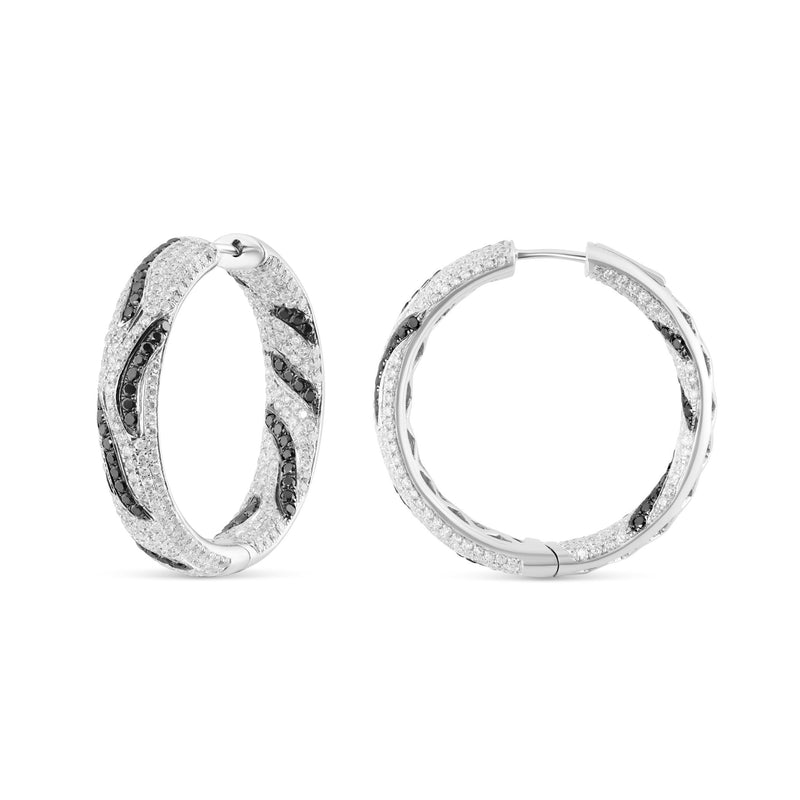 14K White Gold with Black Diamond Stripes Hoop Earrings