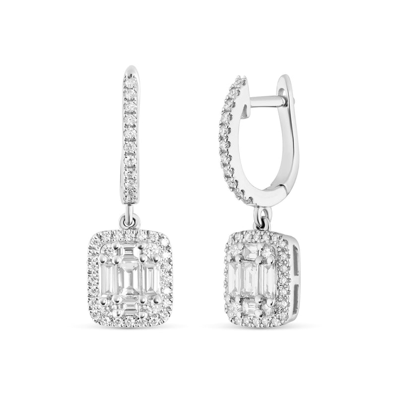 18K White Gold Baguette Diamond Square Drop Earrings