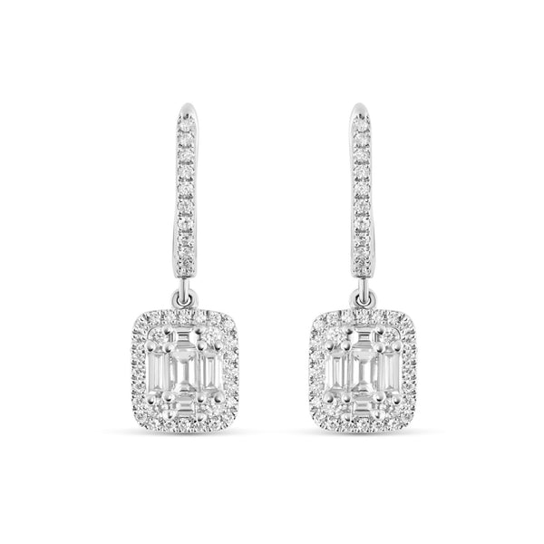 18K White Gold Baguette Diamond Square Drop Earrings