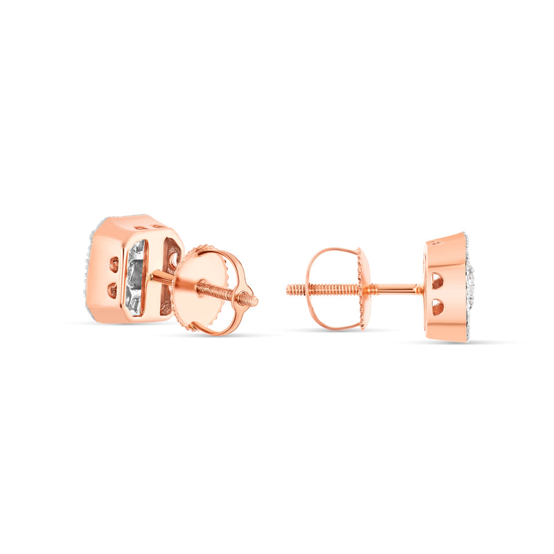 14K Rose Gold Baguette and Round Diamond Halo Stud Earrings