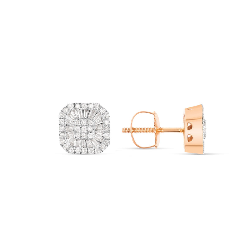 14K Rose Gold Baguette and Round Diamond Halo Stud Earrings