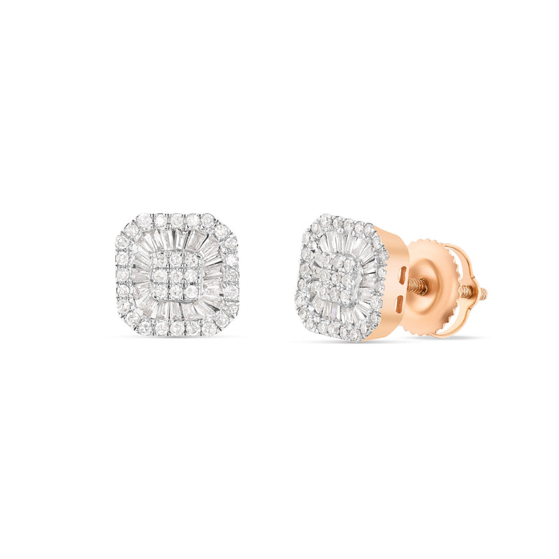 14K Rose Gold Baguette and Round Diamond Halo Stud Earrings