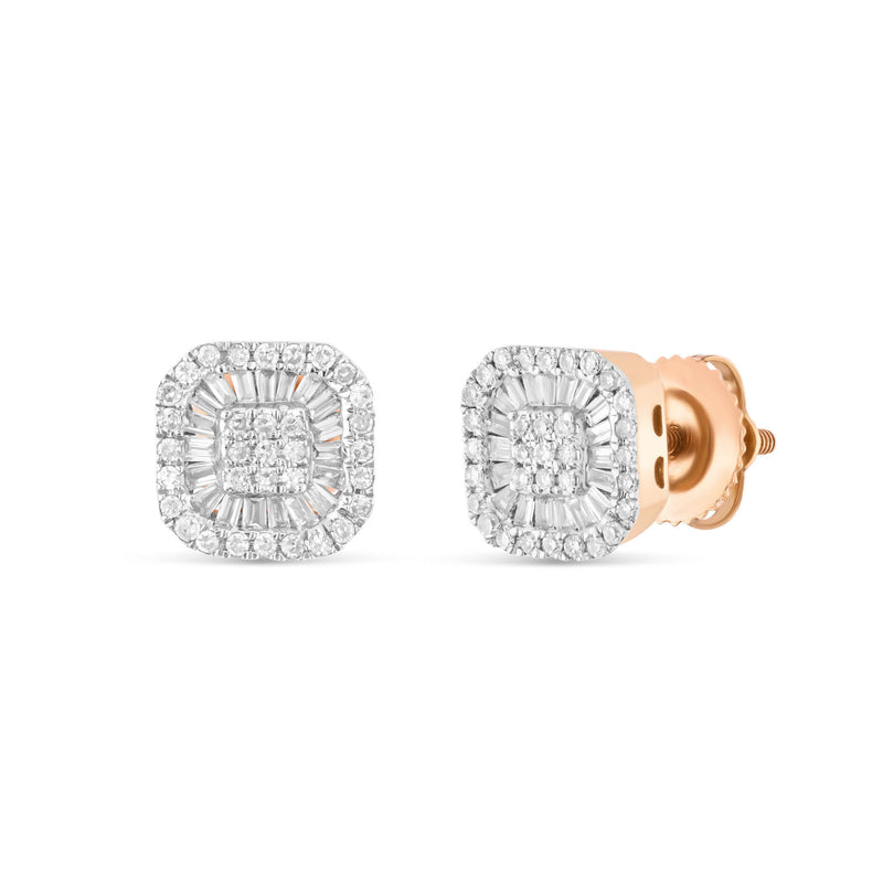 14K Rose Gold Baguette & Round Diamond Square Stud Earrings