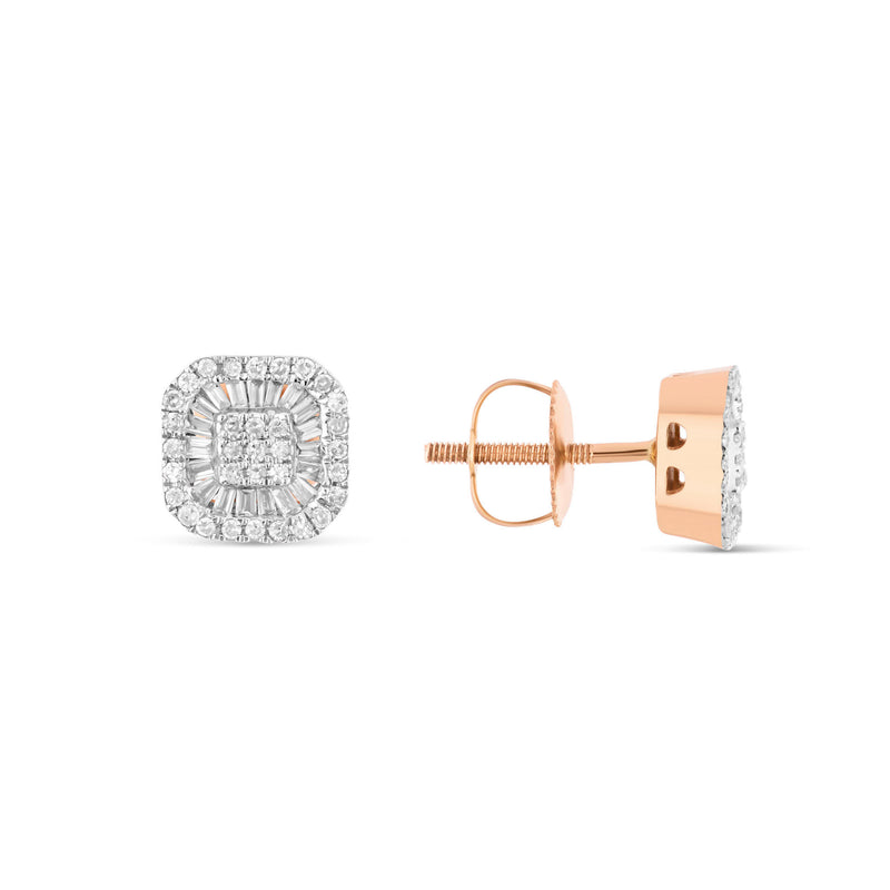 14K Rose Gold Baguette & Round Diamond Square Stud Earrings