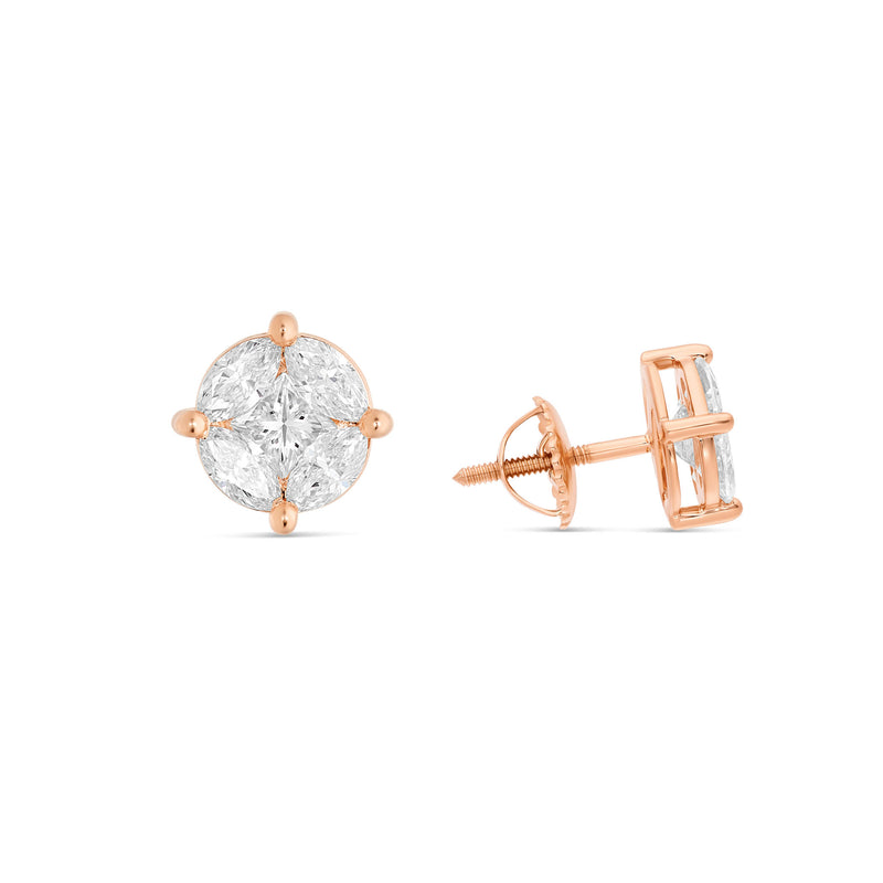 Large Mixed Shape Marquise and Round Diamond Studs