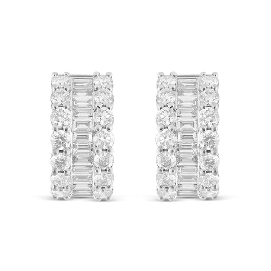 18K White Gold Baguette & Round Diamond Huggie Earrings