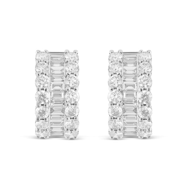 18K White Gold Baguette & Round Diamond Huggie Earrings