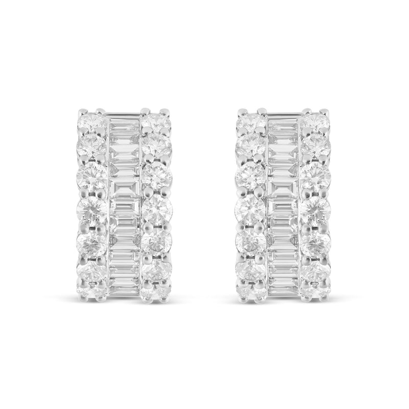 18K White Gold Baguette & Round Diamond Huggie Earrings