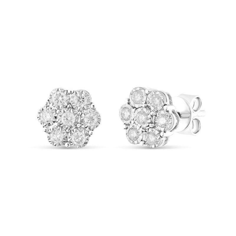 10K White gold Diamond Flower Stud Earrings