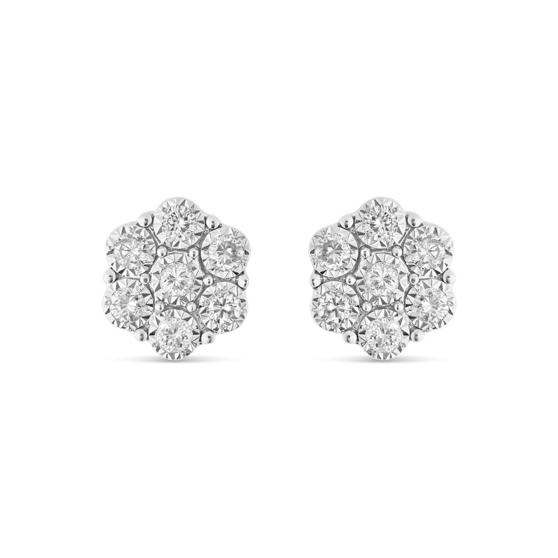 10K White Gold with Diamond Flower Stud Earrings