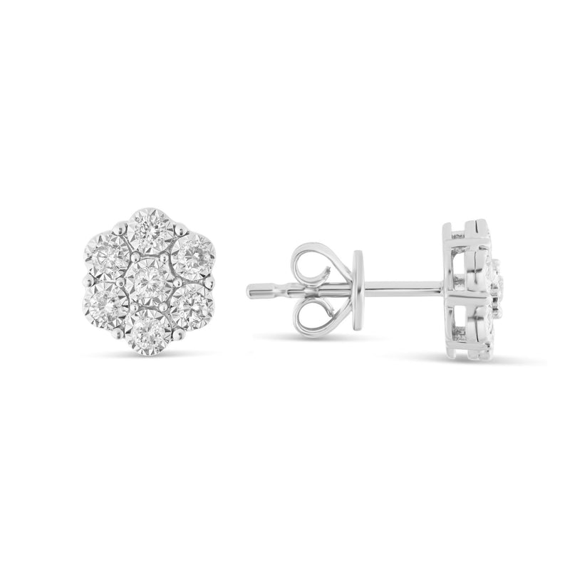 10K White Gold with Diamond Flower Stud Earrings