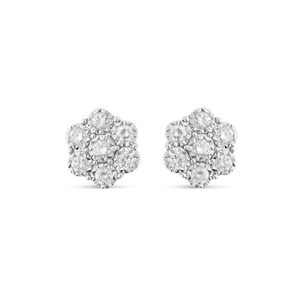 0.70 Ct White Gold Bezel Set Diamond Flower Stud Earrings