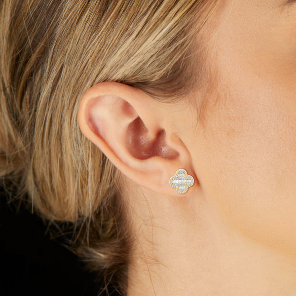 Yellow gold Baguette diamond Clover Stud Earrings