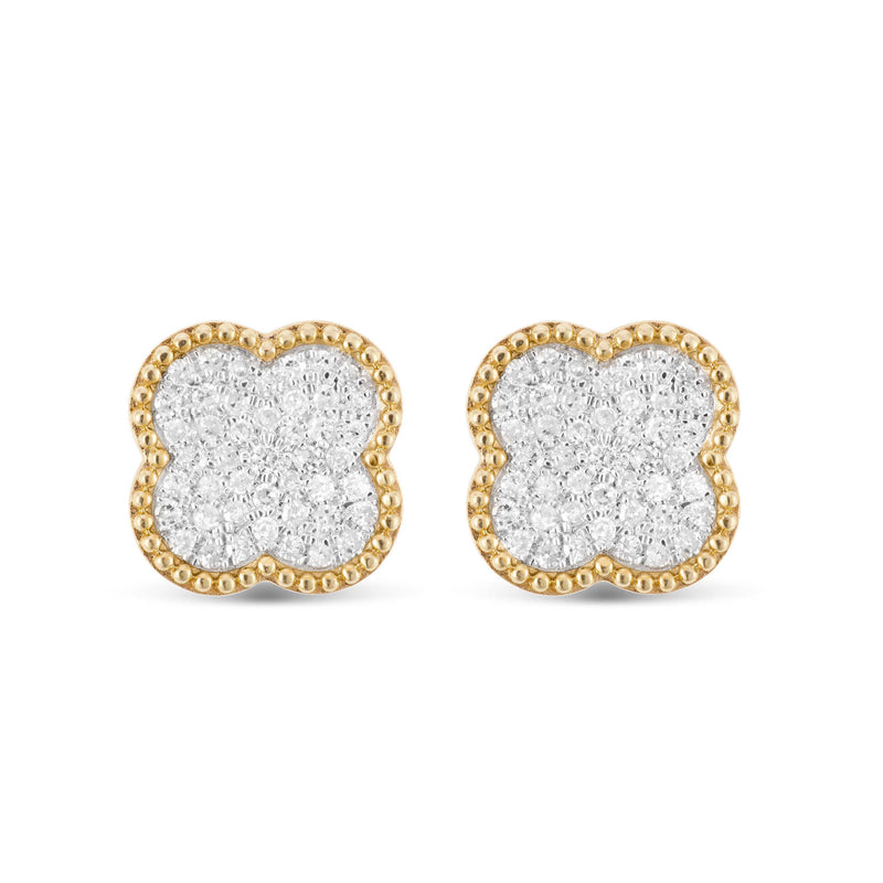 14K Gold .50CT Pave Diamond Clover Flower Stud Earrings