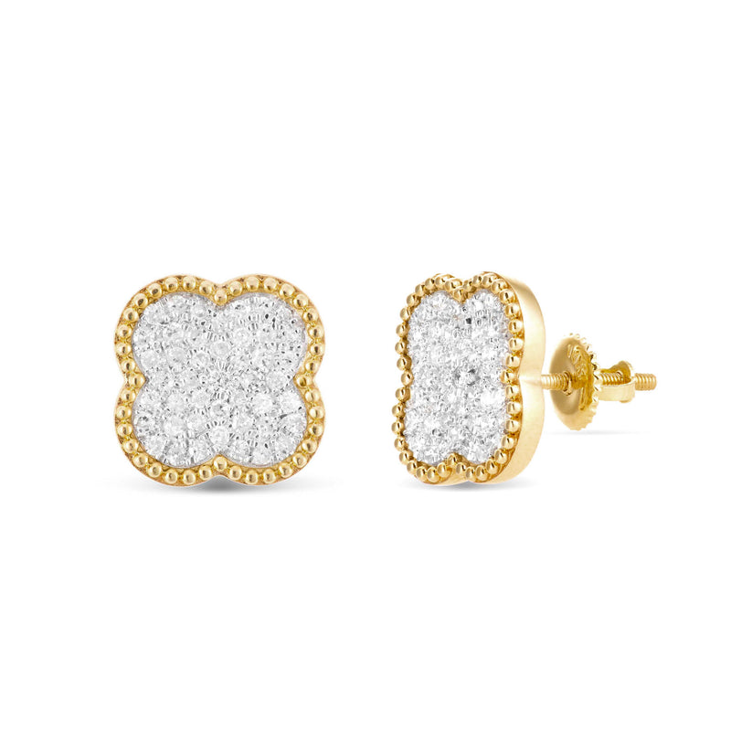 14K Gold .50CT Pave Diamond Clover Flower Stud Earrings