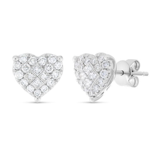 18k Cluster Diamond Heart-Shaped Stud Earrings