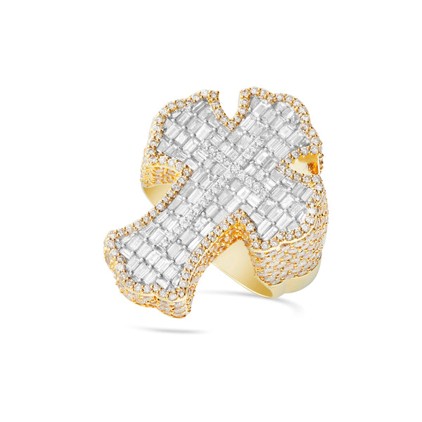 Yellow Gold 5 carat Baguette Diamond Cross Statement Ring