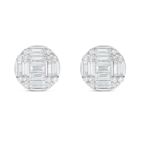 14k White Gold Baguette & Round Diamond Stud Earrings