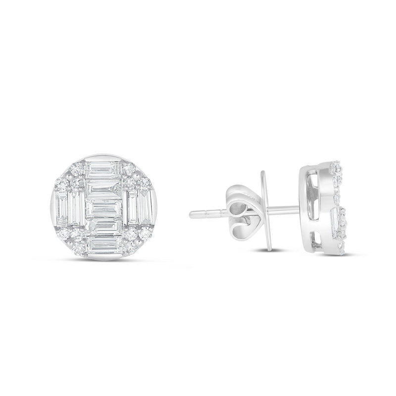 14k White Gold Baguette & Round Diamond Stud Earrings