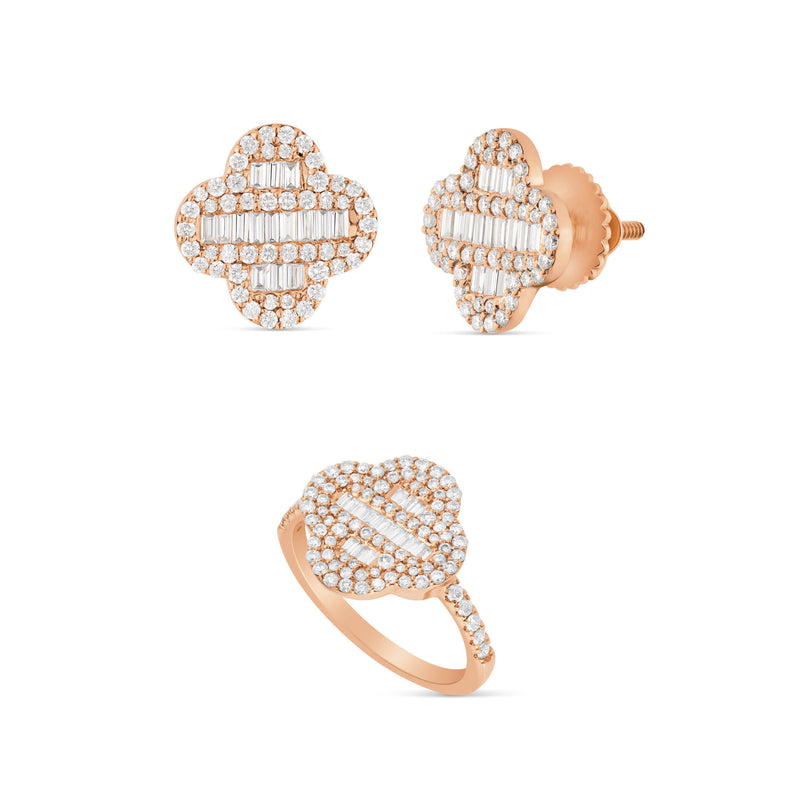 Baguette Diamond Clover Ring and Earring Matching Gift Set - ON SALE