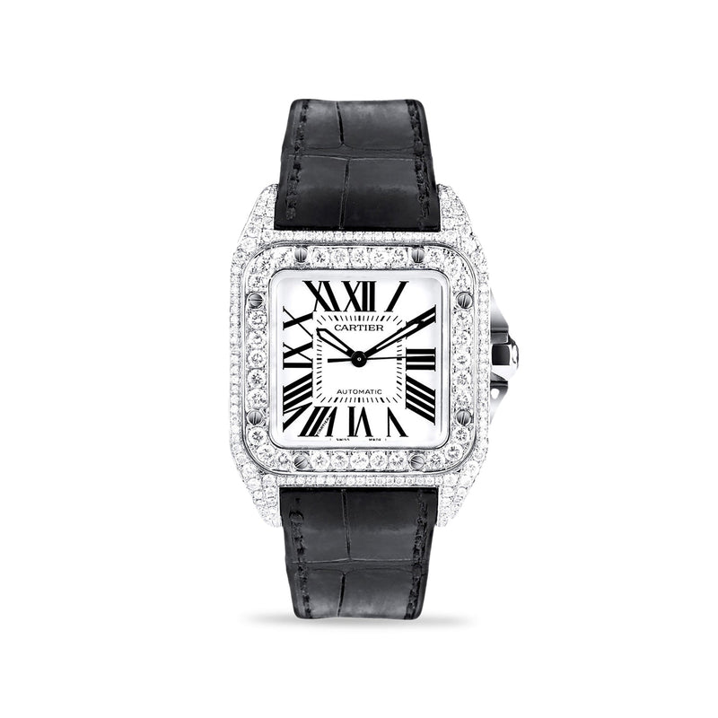 Cartier Santos 100 Stainless Steel Diamond Watch Leather Band