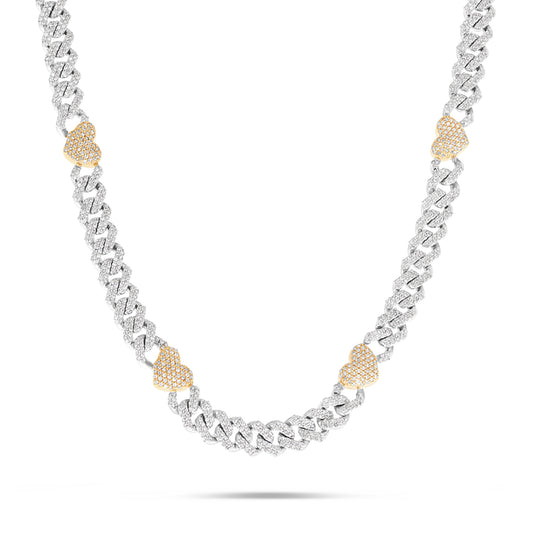 10K Gold Two Tone 4.20ct Diamond Cuban Chain with Colored Heart Motifs